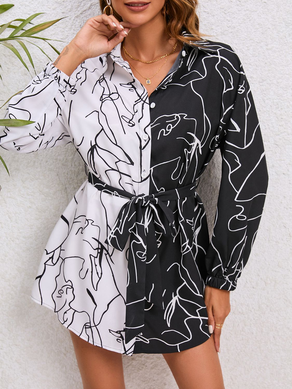 Printed Tie Waist Shirt Dress