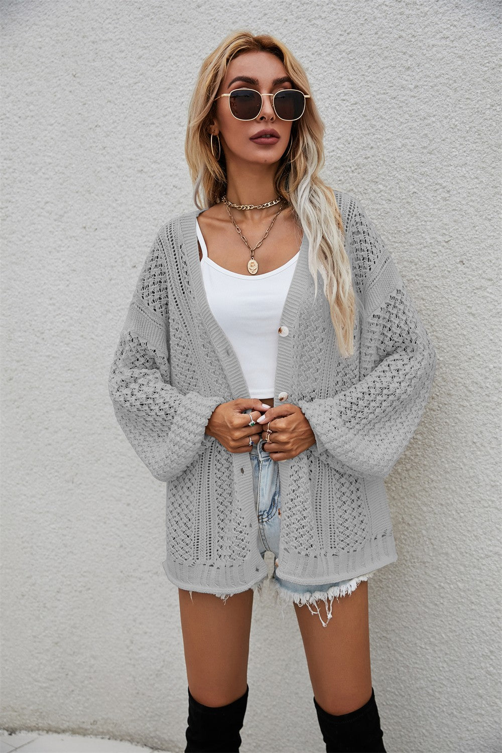 Openwork V-Neck Dropped Shoulder Cardigan - SHIRLYN.CO