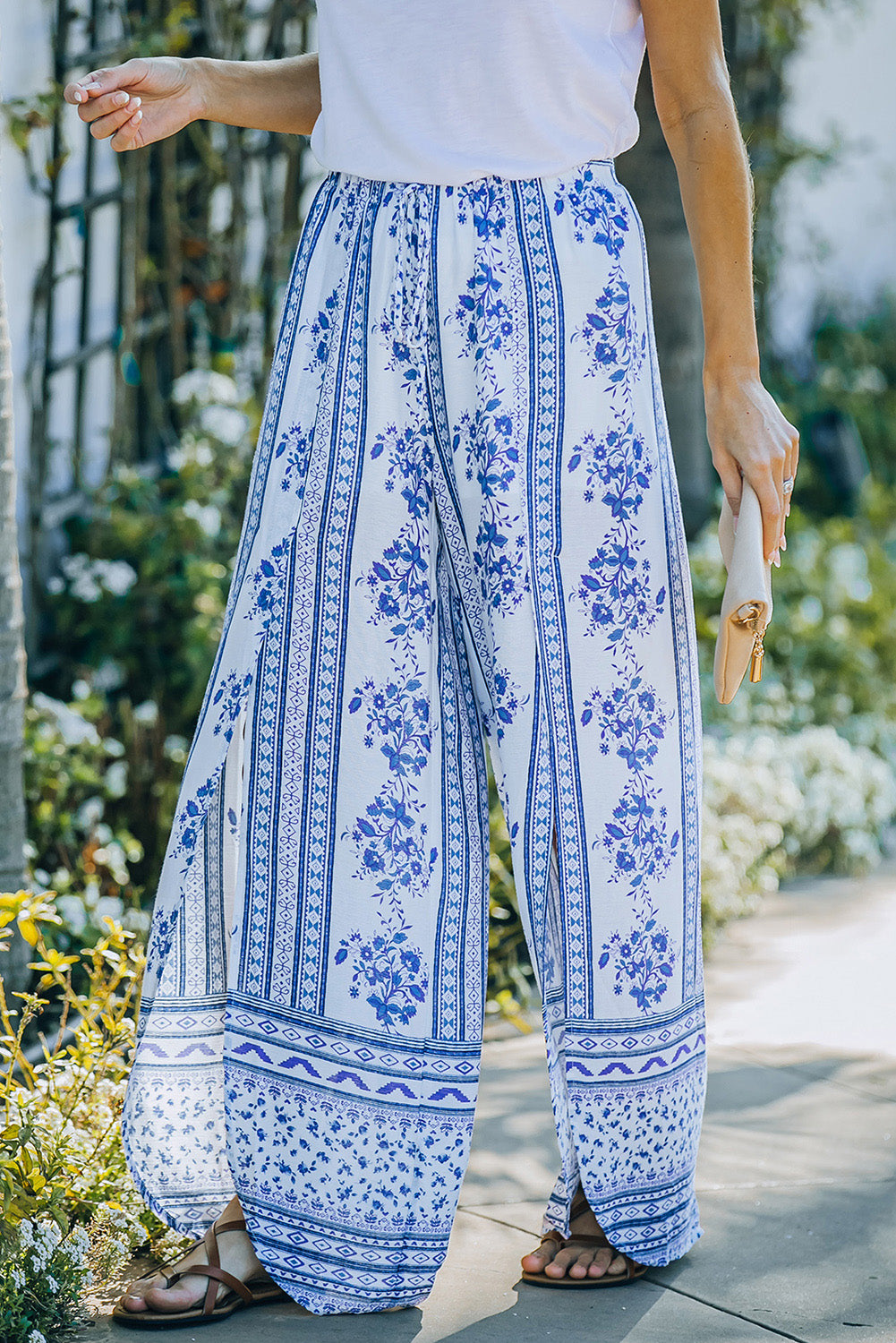 Bohemian Slit Drawstring Waist Palazzo Pants - SHIRLYN.CO