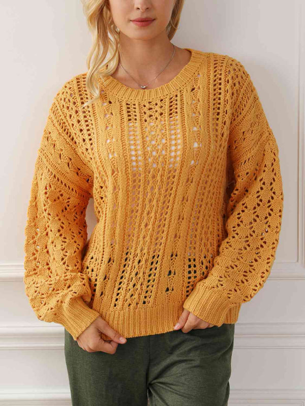 Openwork Round Neck Long Sleeve Sweater