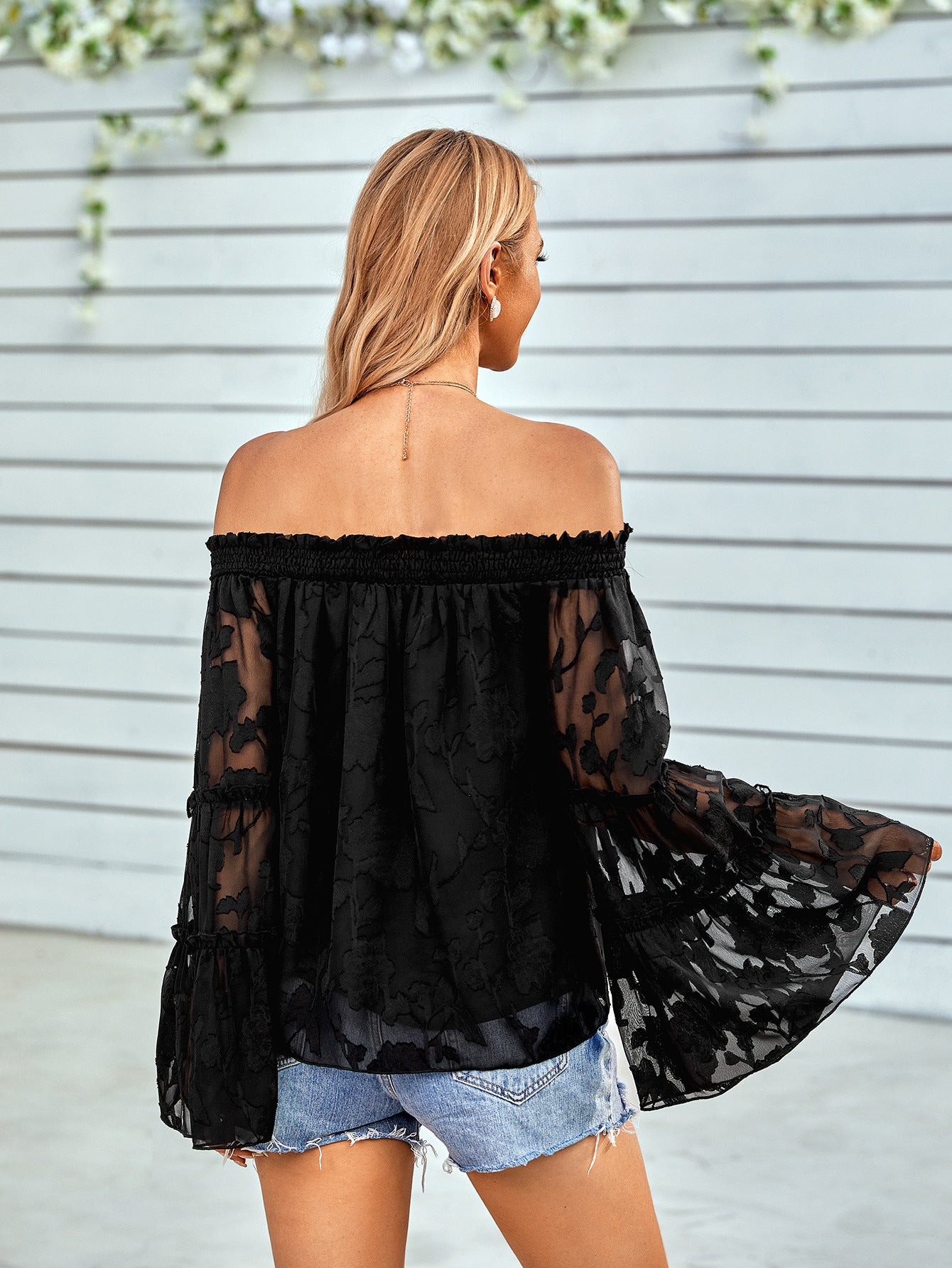 Applique Flounce Sleeve Off-Shoulder Blouse - SHIRLYN.CO