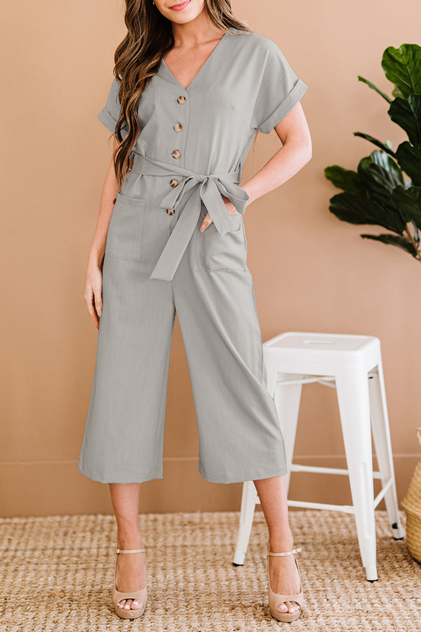 Button Front Belted Cropped Jumpsuit with Pockets - SHIRLYN.CO