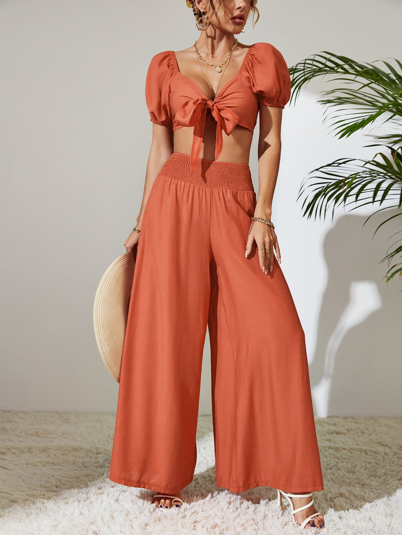 Tie Front Cropped Top and Smocked Wide Leg Pants Set - SHIRLYN.CO