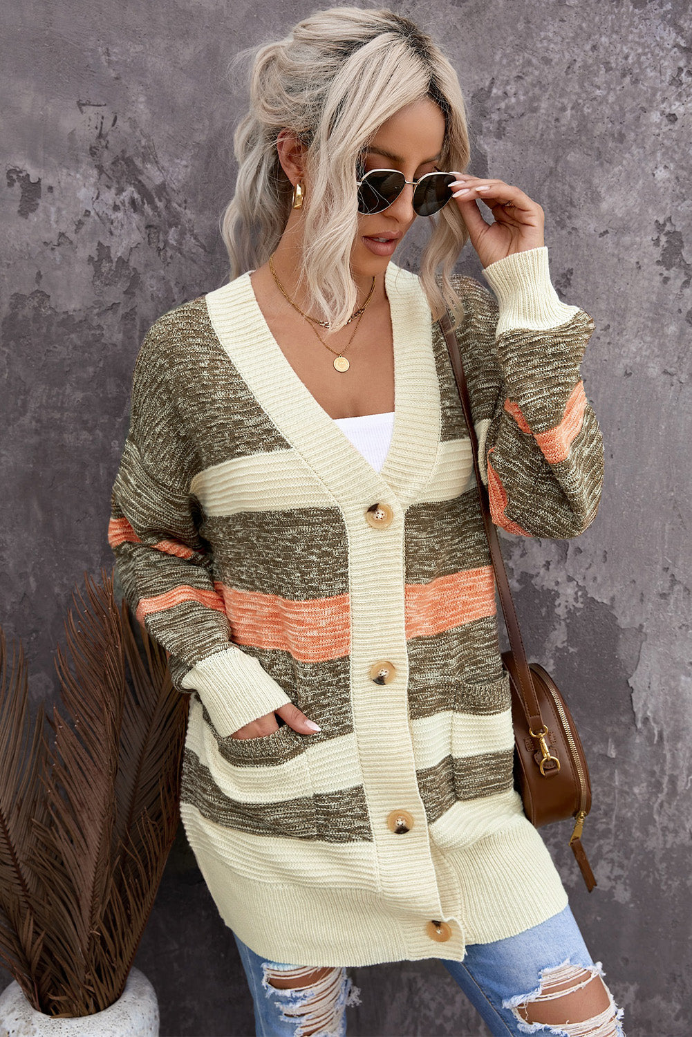 Striped Button Down Longline Cardigan with Pockets - SHIRLYN.CO