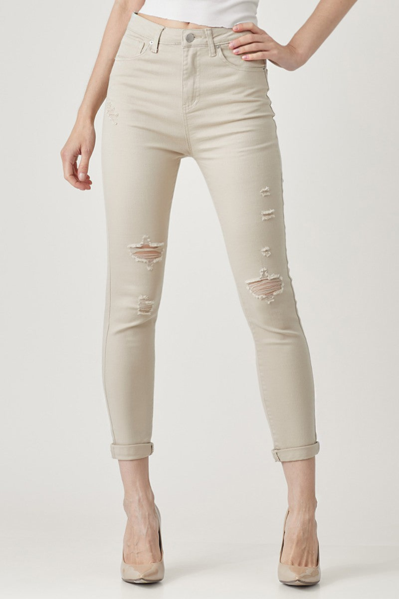 RISEN Distressed Skinny Jeans in Khaki - SHIRLYN.CO