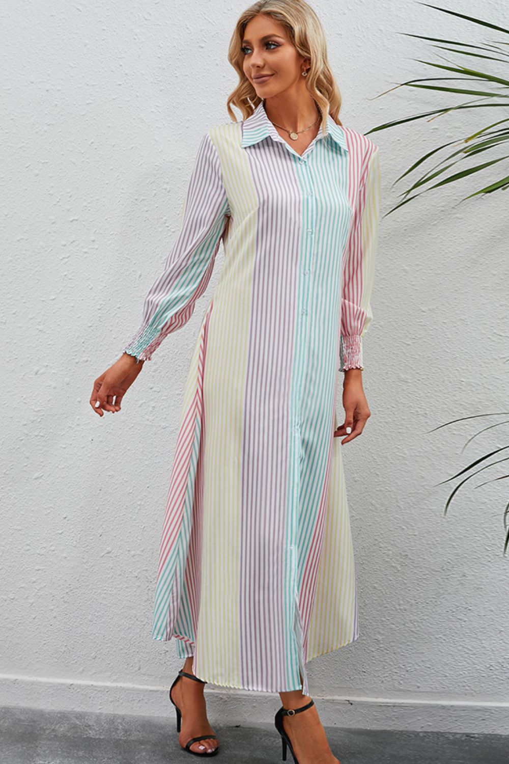 Rainbow Stripe Button-Up Maxi Shirt Dress - SHIRLYN.CO