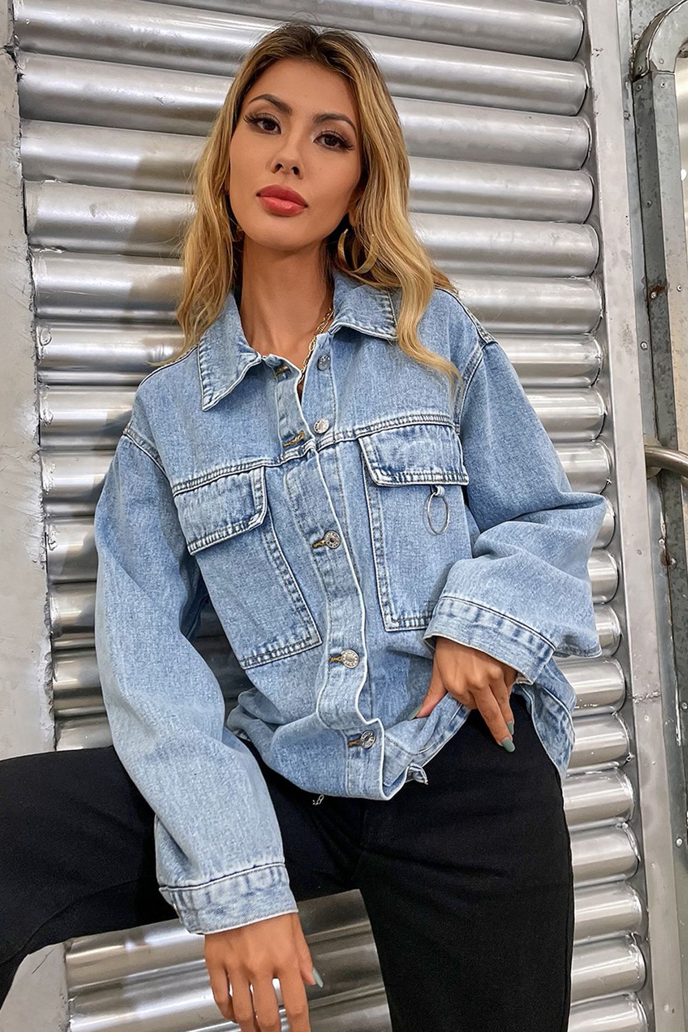 Collared Neck Dropped Shoulder Denim Jacket