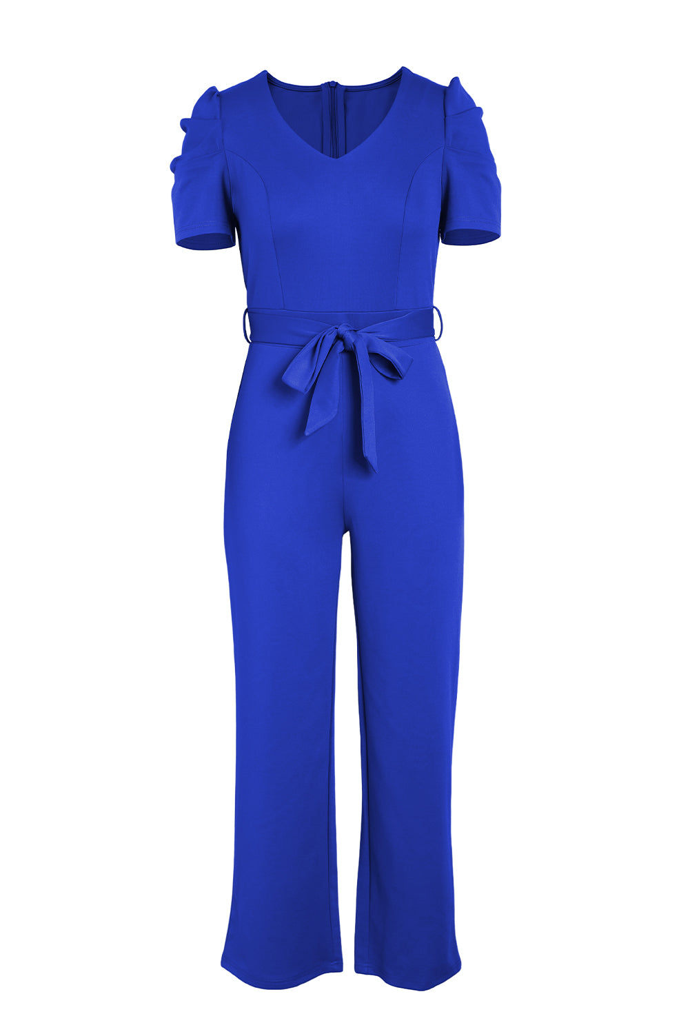 Belted Puff Sleeve V-Neck Jumpsuit - SHIRLYN.CO