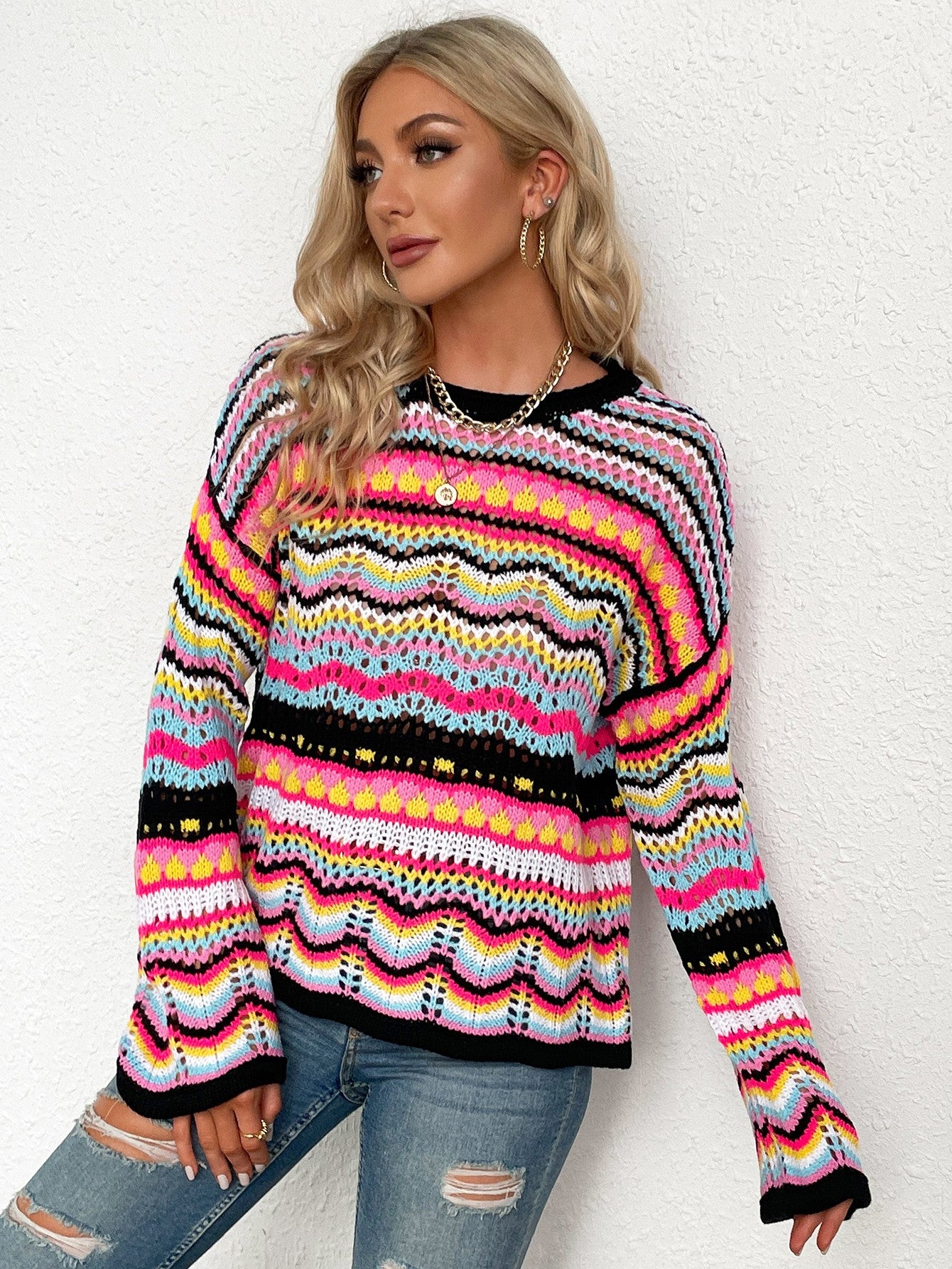 Rainbow Stripe Openwork Flare Sleeve Knit Top - SHIRLYN.CO