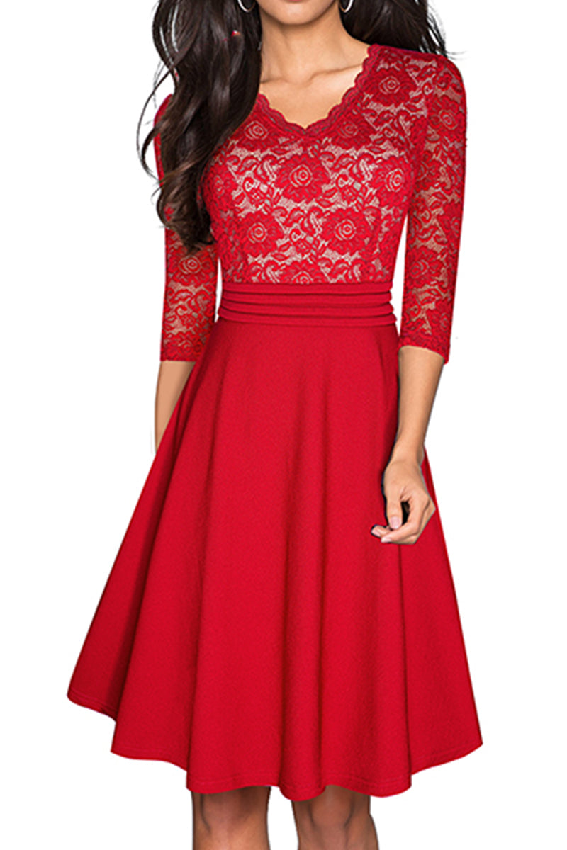 Editor's Choice: Shirlyn's Elegance in Lace: V-Neck Knee-Length Dress with Delicate Details