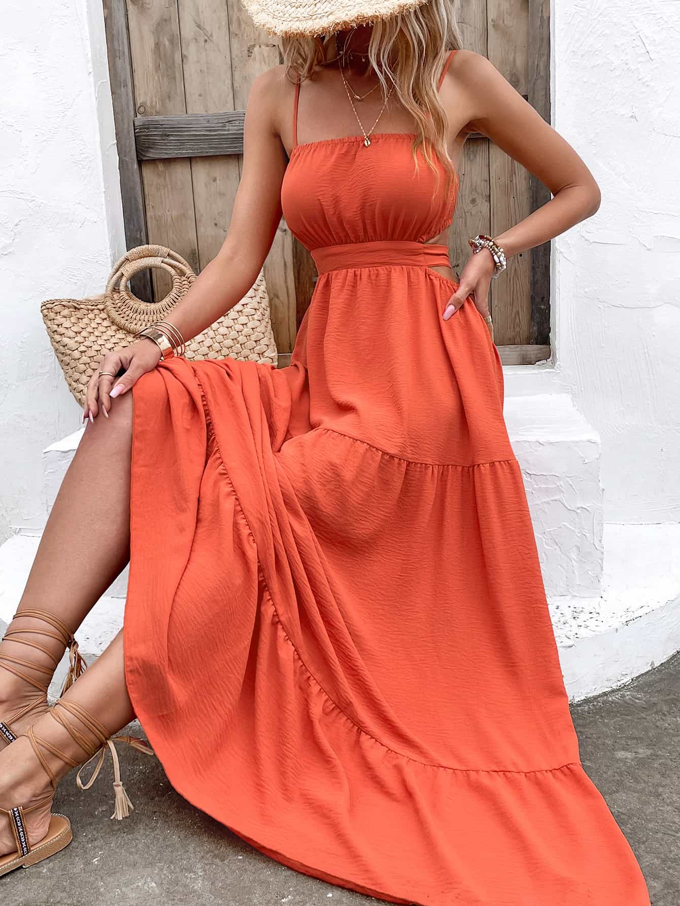 Spaghetti Strap Cutout Tie Back Maxi Dress - SHIRLYN.CO