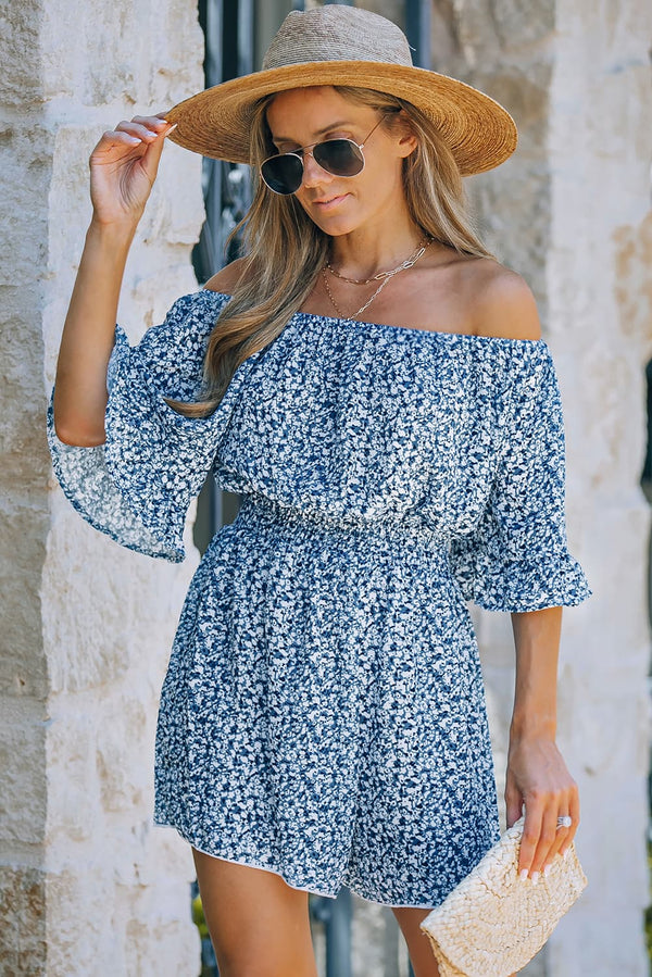 Printed Flounce Sleeve Off-Shoulder Romper - SHIRLYN.CO
