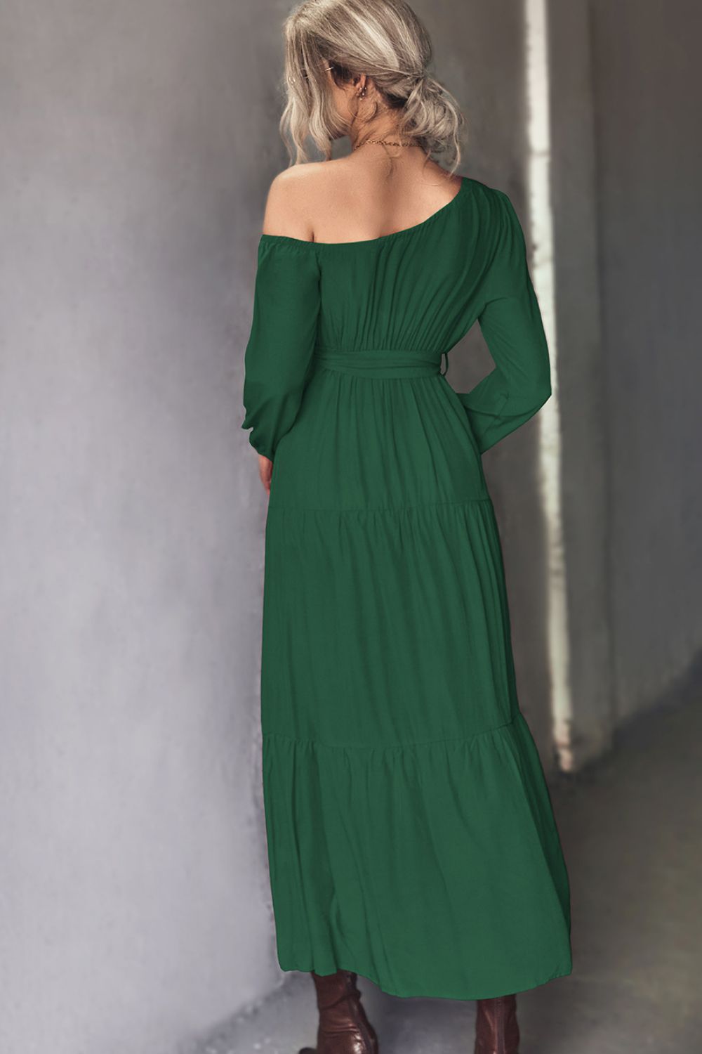 Belted One-Shoulder Tiered Maxi Dress - SHIRLYN.CO