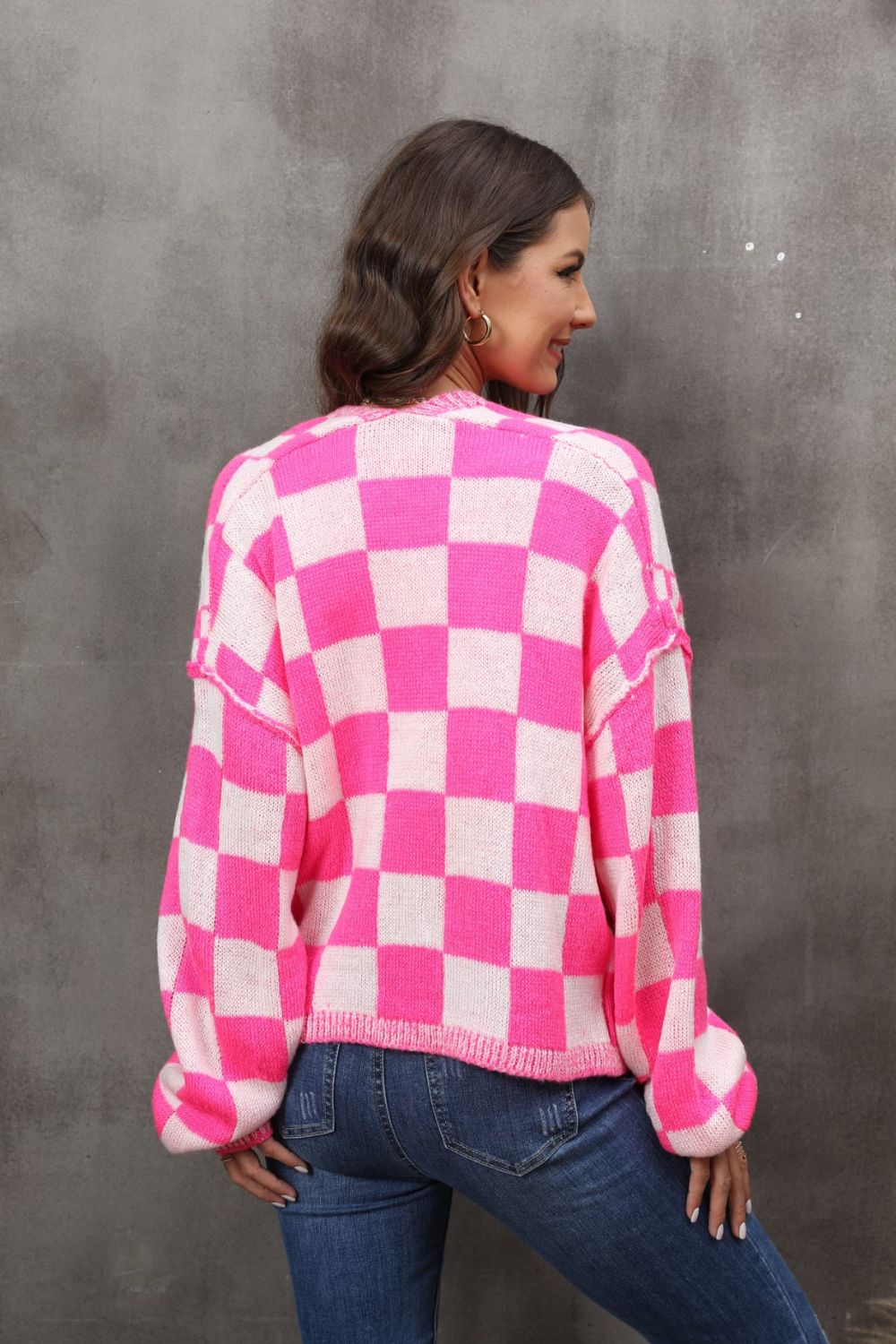 Checkered Open Front Drop Shoulder Cardigan - SHIRLYN.CO