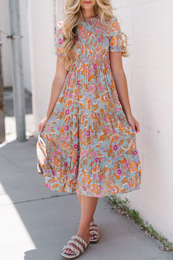 Floral Flounce Sleeve Round Neck Midi Dress - SHIRLYN.CO