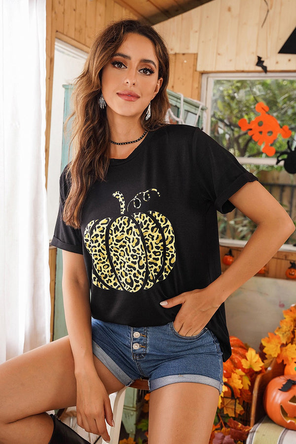 Leopard Pumpkin Graphic Cuffed Tee - SHIRLYN.CO