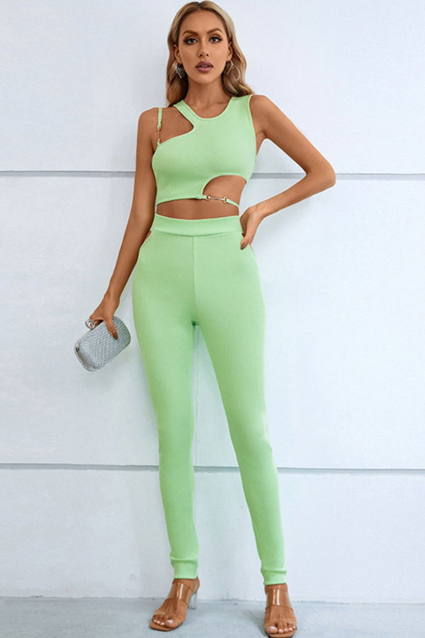 Asymmetrical Ribbed Cutout Tank and Pants Set - SHIRLYN.CO