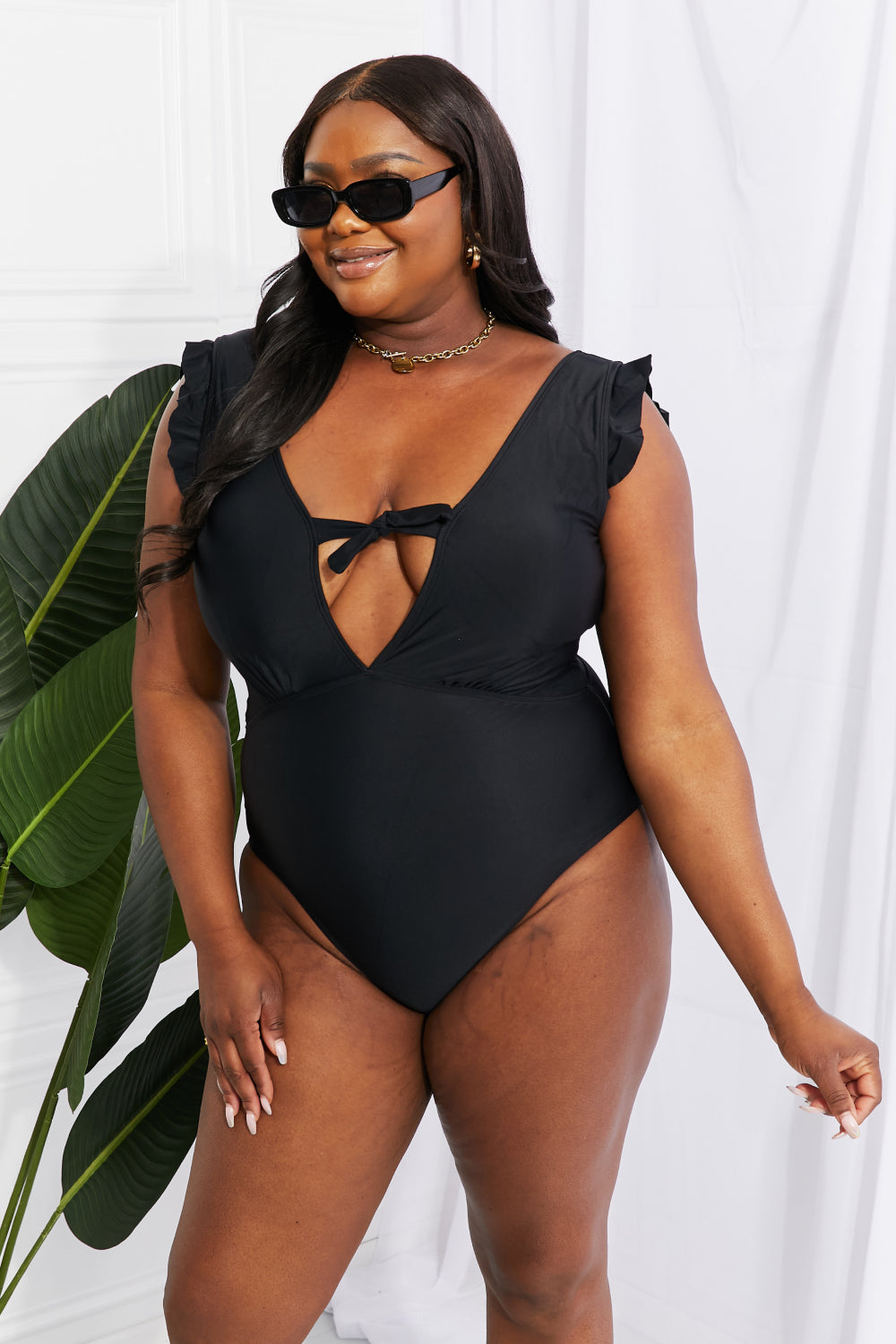 Marina West Swim Seashell Ruffle Sleeve One-Piece in Black - SHIRLYN.CO