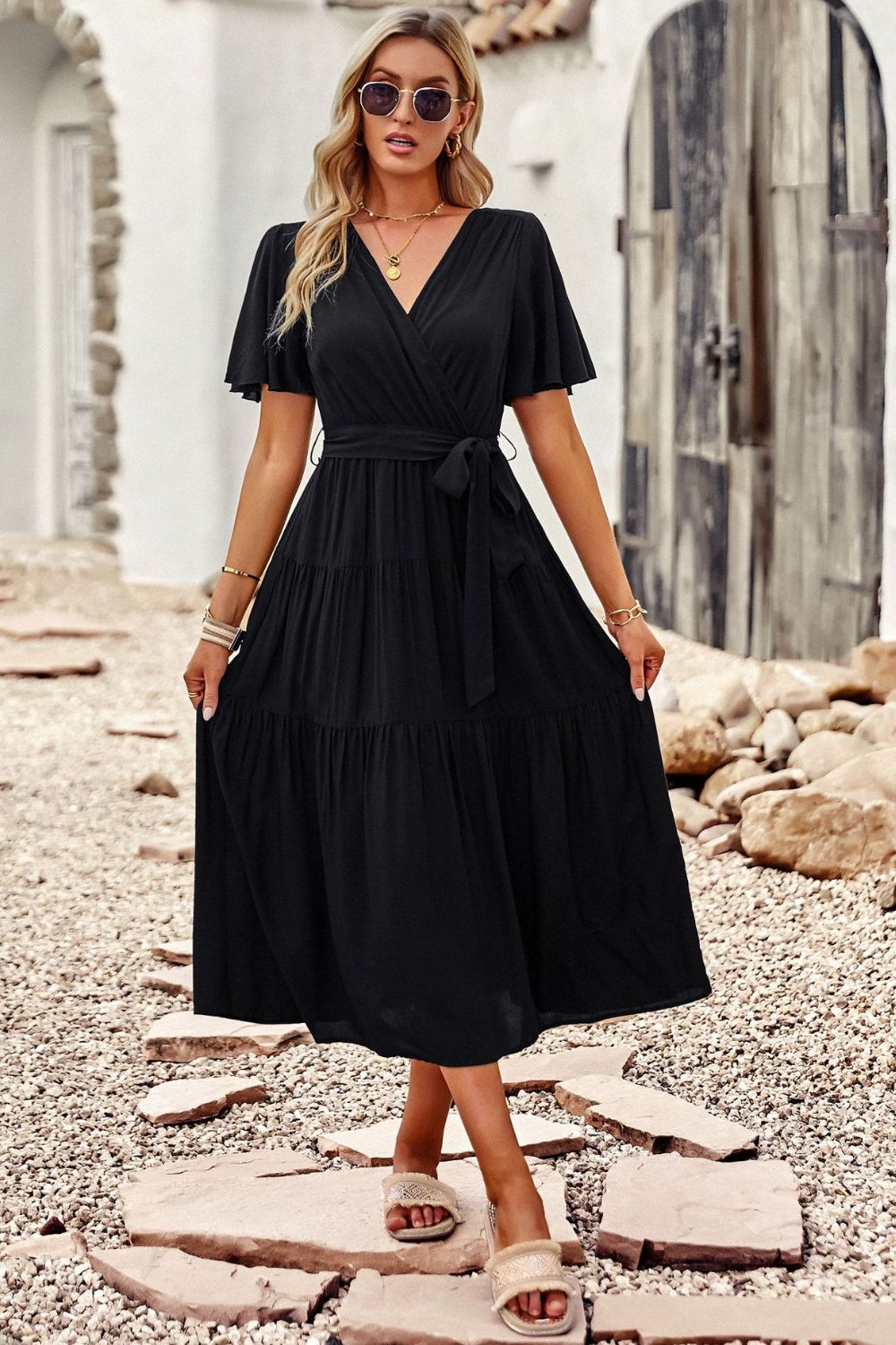 Belted Flutter Sleeve Tiered Surplice Dress - SHIRLYN.CO