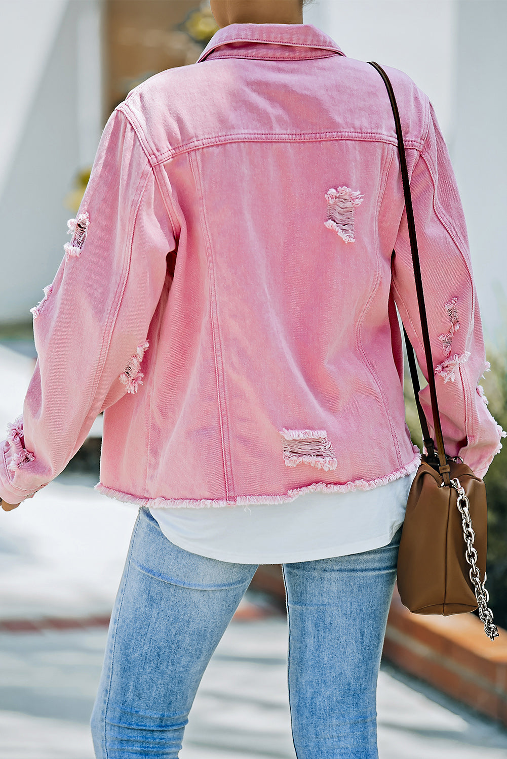 Distressed Raw Hem Denim Jacket - SHIRLYN.CO