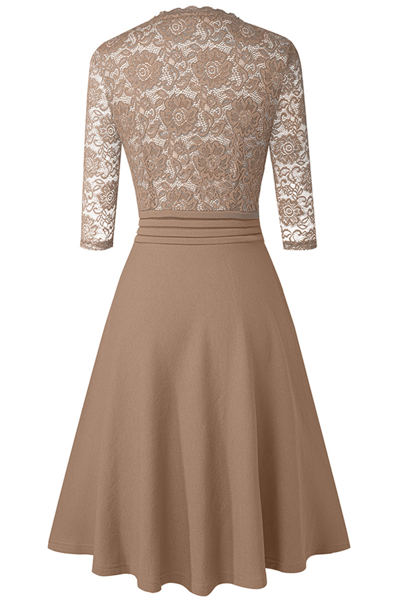 Editor's Choice: Shirlyn's Elegance in Lace: V-Neck Knee-Length Dress with Delicate Details