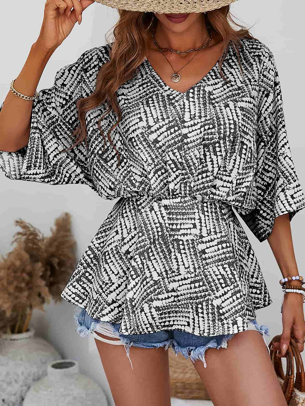 Printed V-Neck Dolman Sleeve Blouse - SHIRLYN.CO