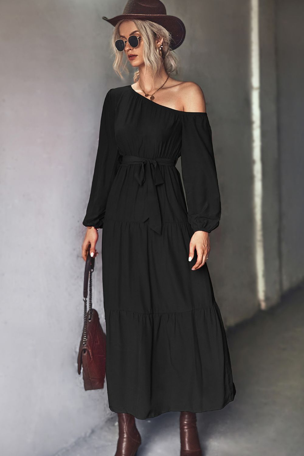 Belted One-Shoulder Tiered Maxi Dress - SHIRLYN.CO