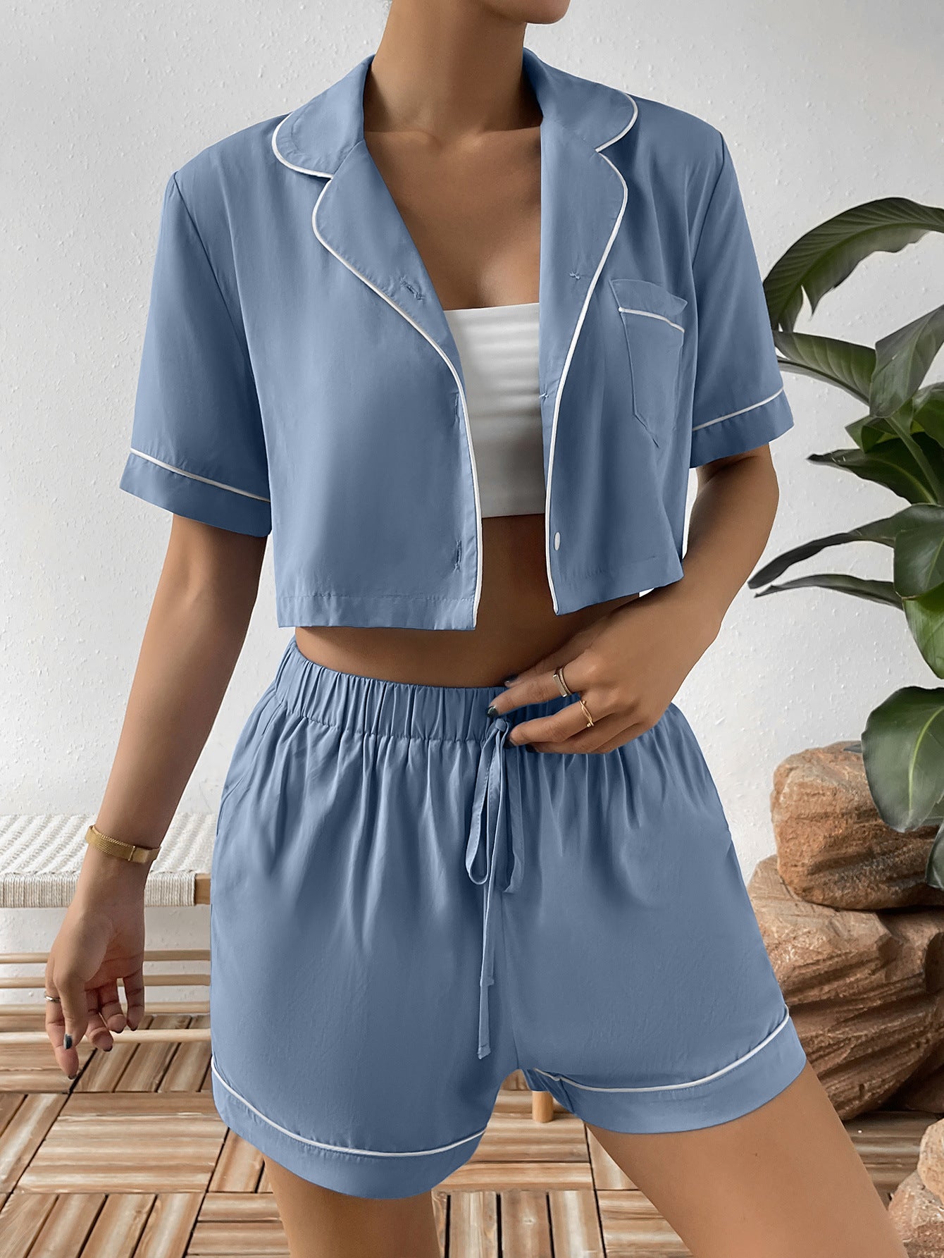 Contrast Lapel Collar Cropped Shirt and Shorts Lounge Set - SHIRLYN.CO