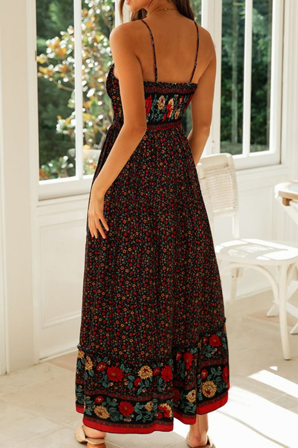 Bohemian Spaghetti Strap Frill Trim Maxi Dress - SHIRLYN.CO