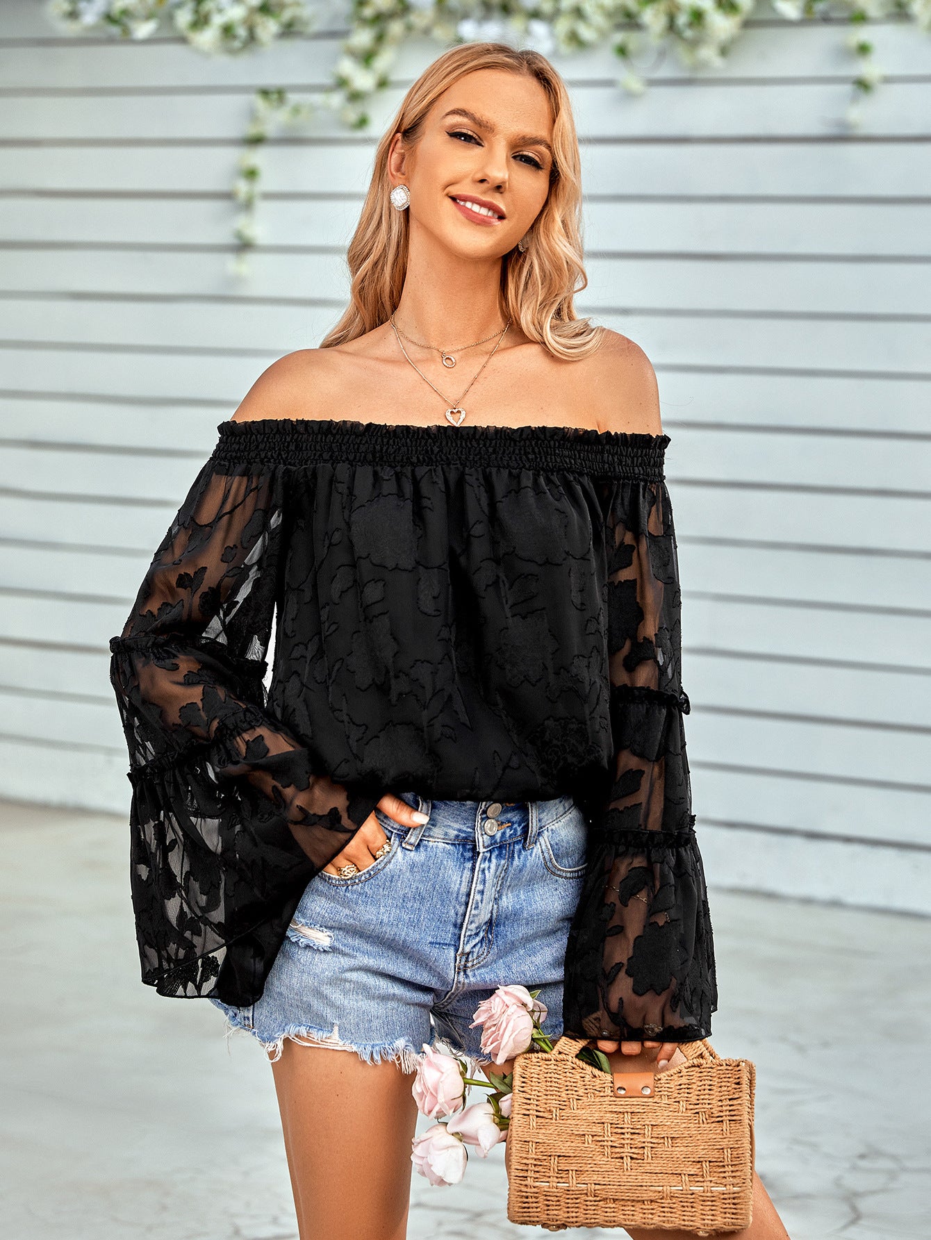 Applique Flounce Sleeve Off-Shoulder Blouse - SHIRLYN.CO