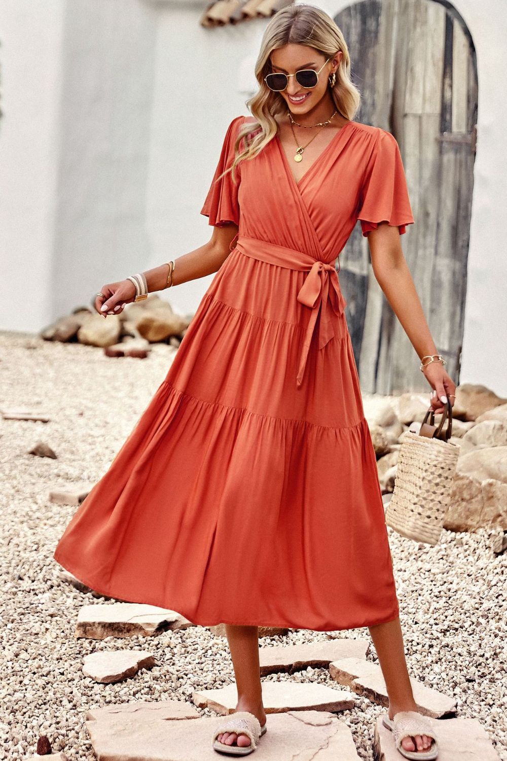 Belted Flutter Sleeve Tiered Surplice Dress - SHIRLYN.CO