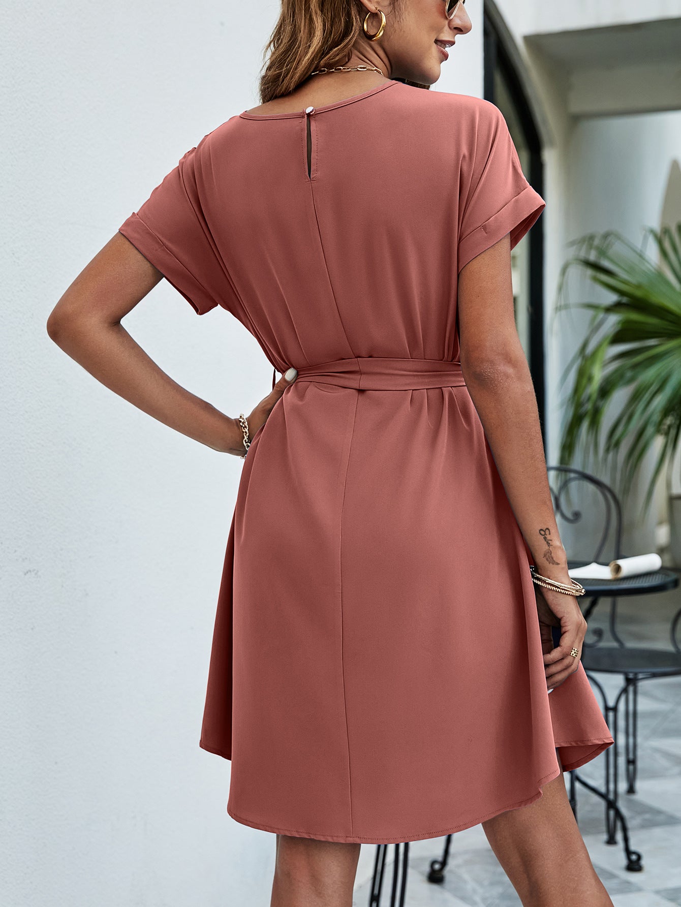 Belted Round Neck Curved Hem Dress - SHIRLYN.CO