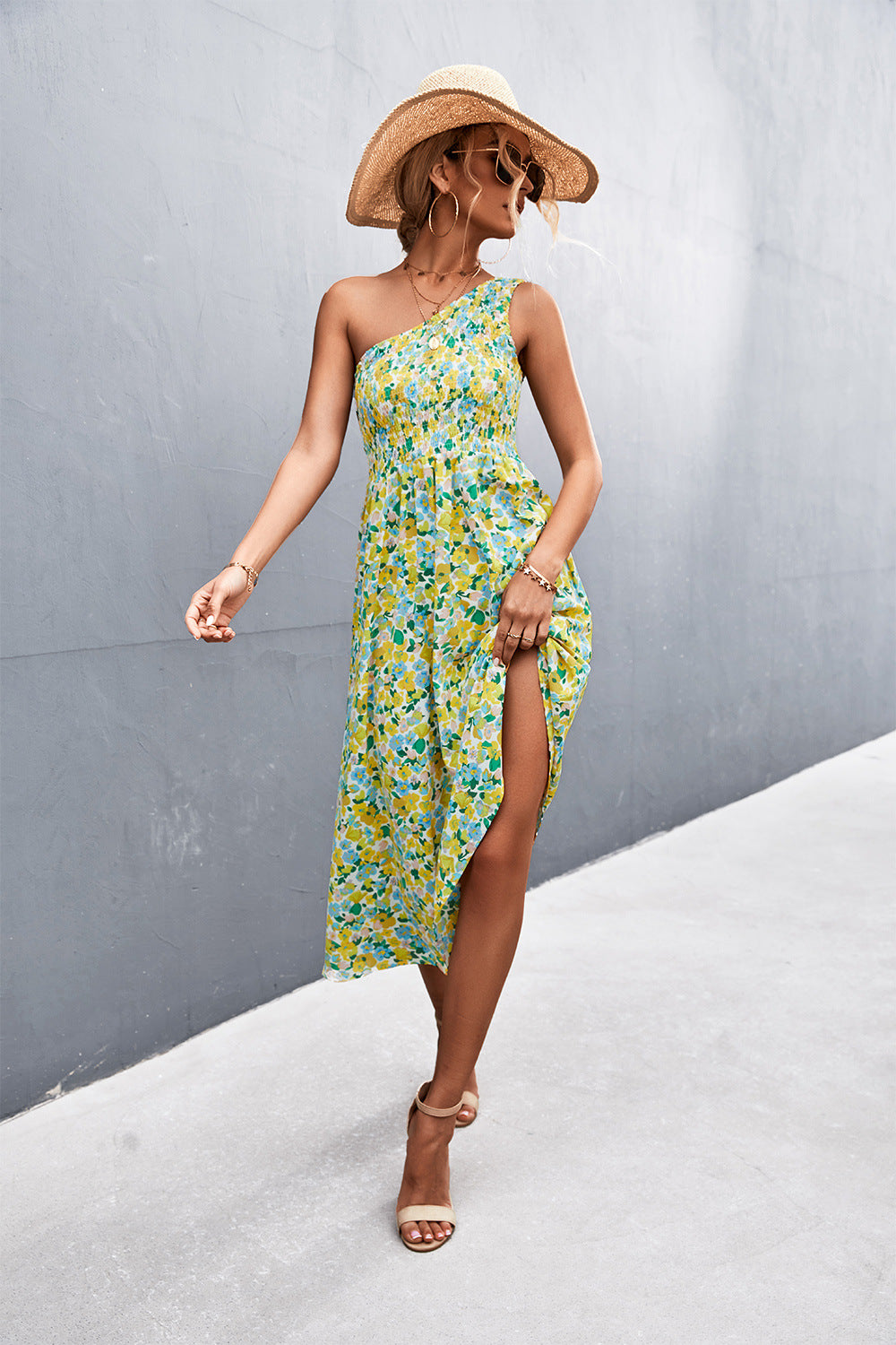 Floral Smocked One-Shoulder Midi Dress - SHIRLYN.CO