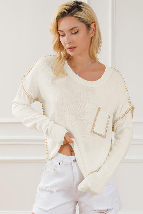 Exposed Seam Round Neck Long Sleeve Sweater