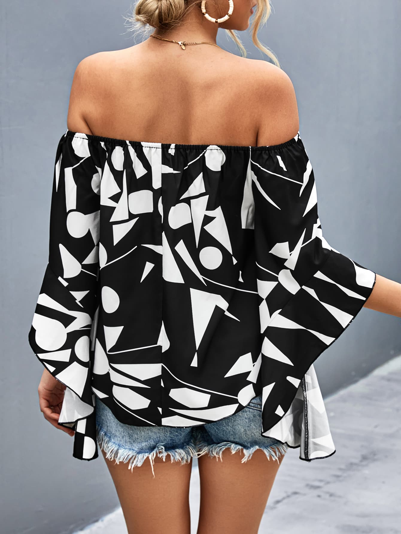 Printed Off-Shoulder Bell Sleeve Blouse - SHIRLYN.CO