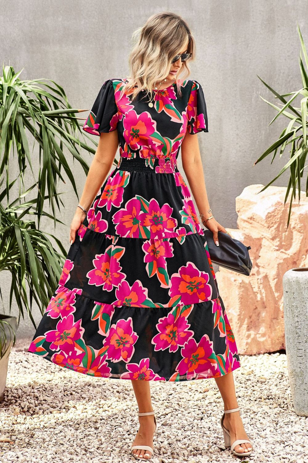 Floral Puff Sleeve Tiered Midi Dress - SHIRLYN.CO