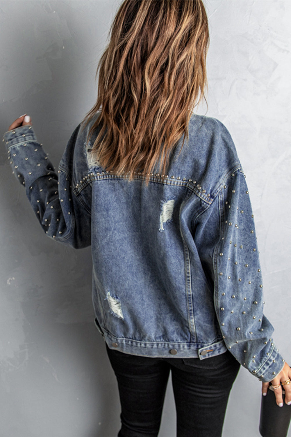 Studded Button Down Denim Jacket - SHIRLYN.CO