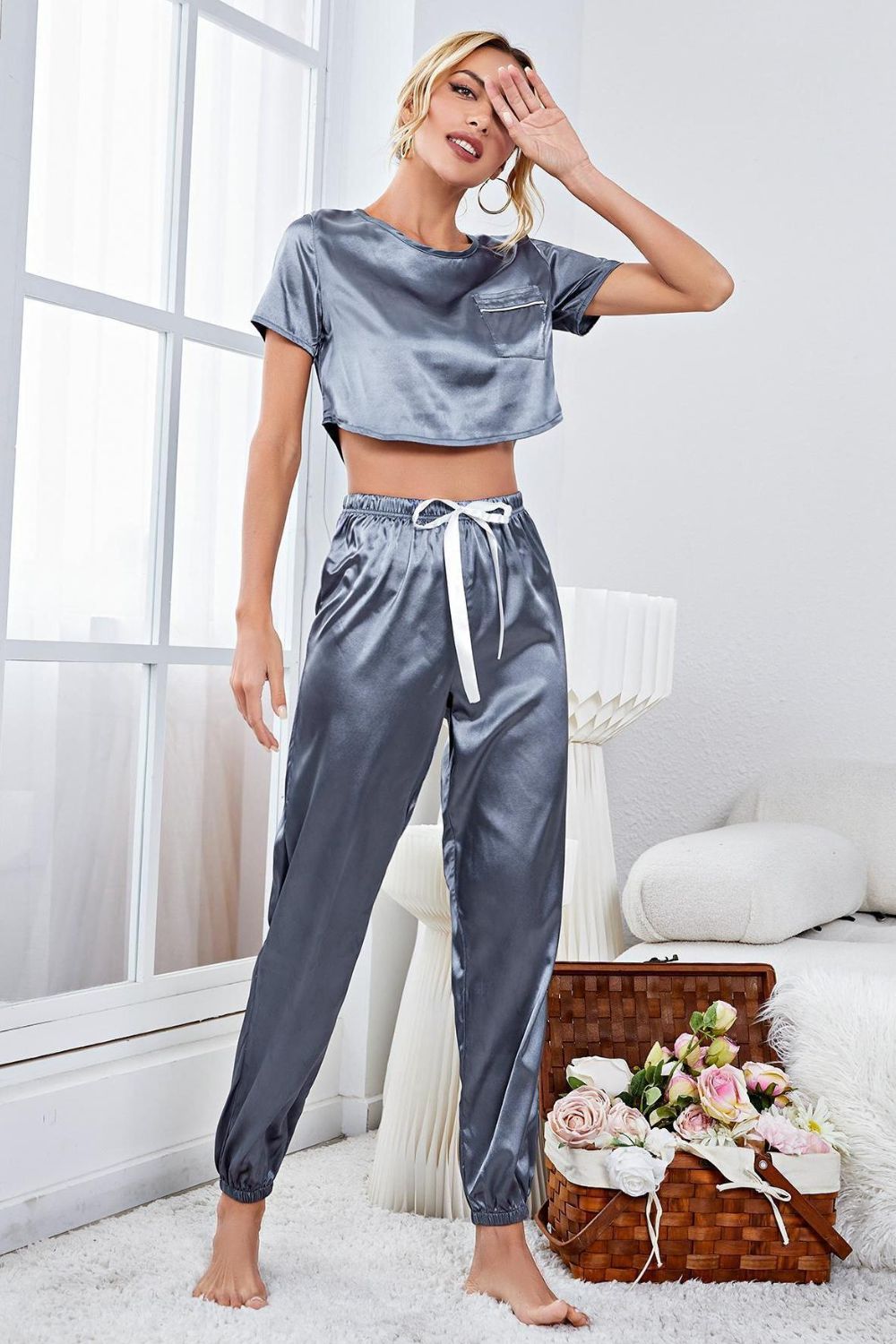 Satin Short Sleeve Crop Top and Joggers Lounge Set - SHIRLYN.CO