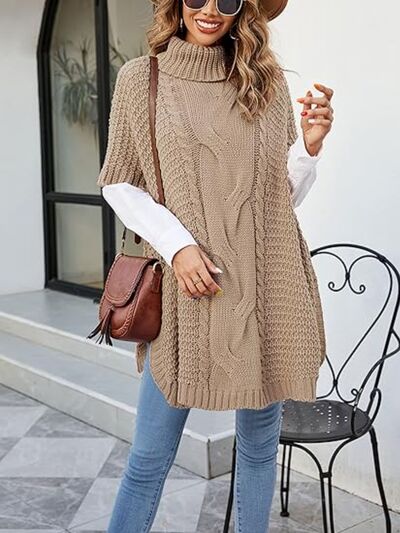 Cable-Knit Half Sleeve Turtleneck Sweater