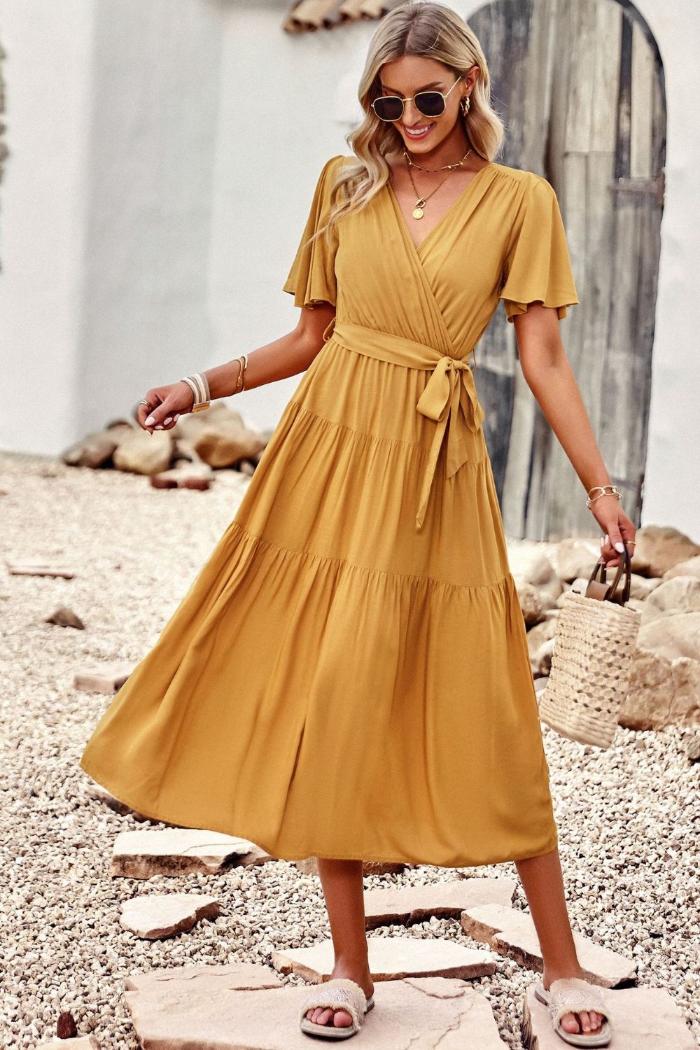 Belted Flutter Sleeve Tiered Surplice Dress - SHIRLYN.CO