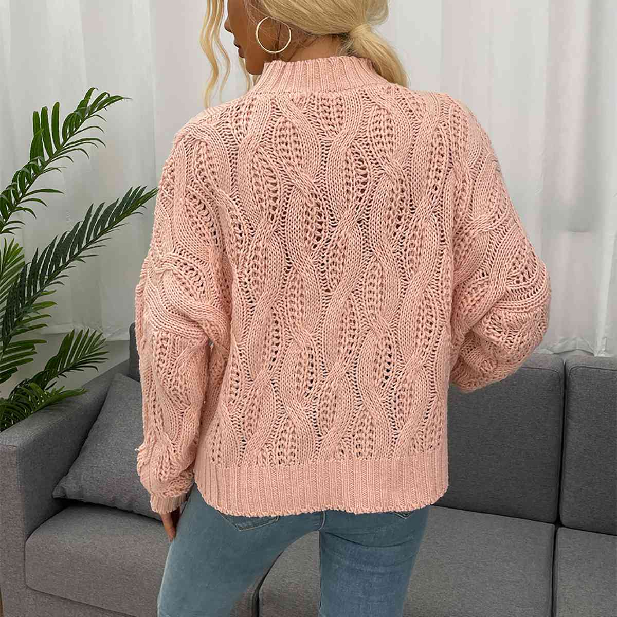 Cable-Knit Mock Neck Long Sleeve Sweater