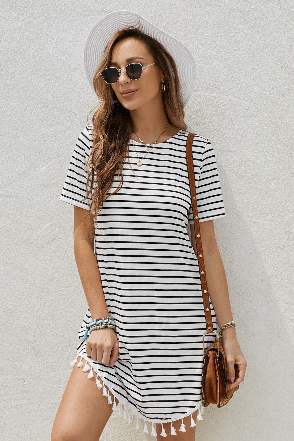 Striped Tassel Round Neck T-Shirt Dress - SHIRLYN.CO