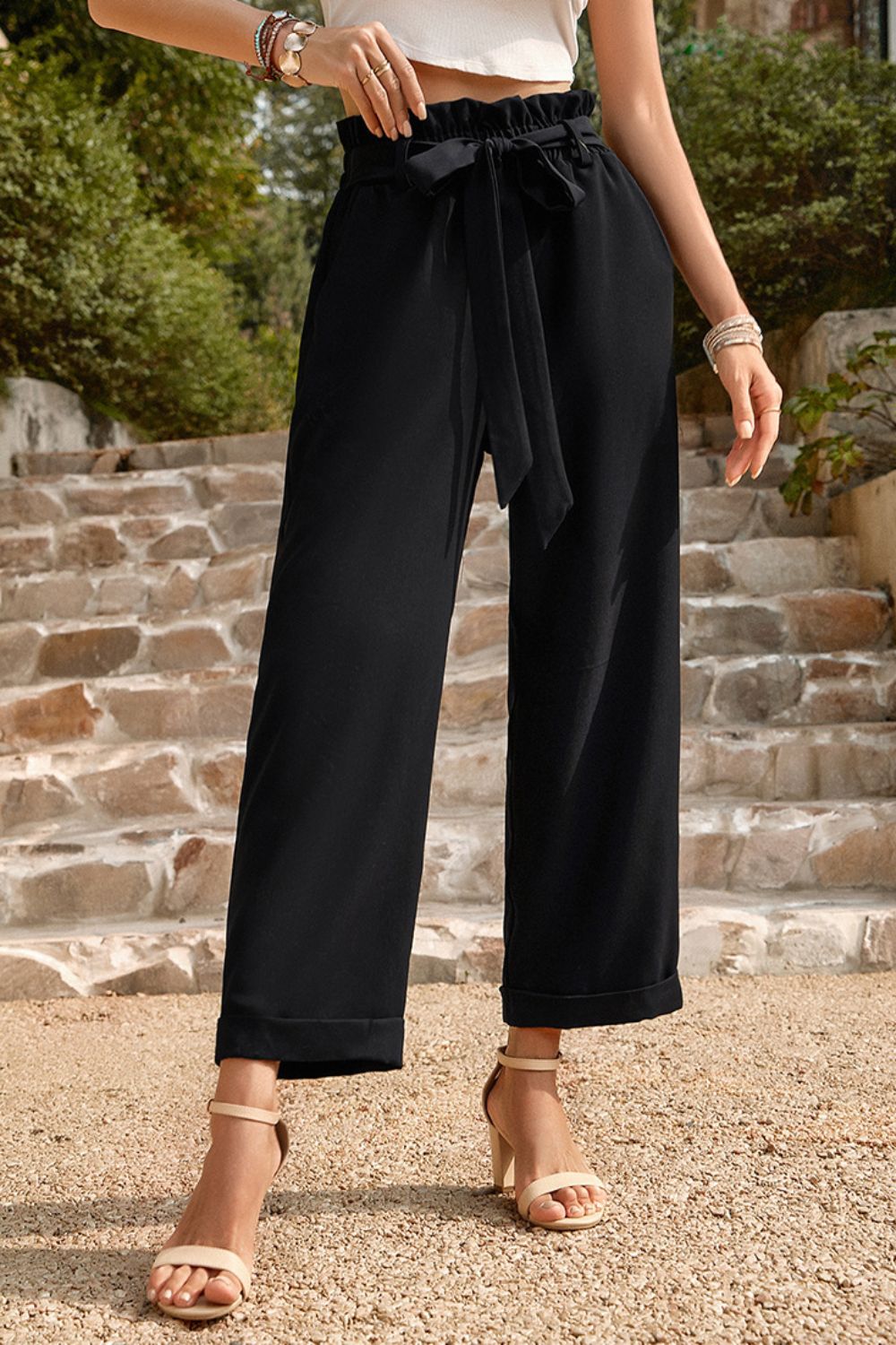 Tie Belt Paperbag Waist Straight Leg Pants - SHIRLYN.CO