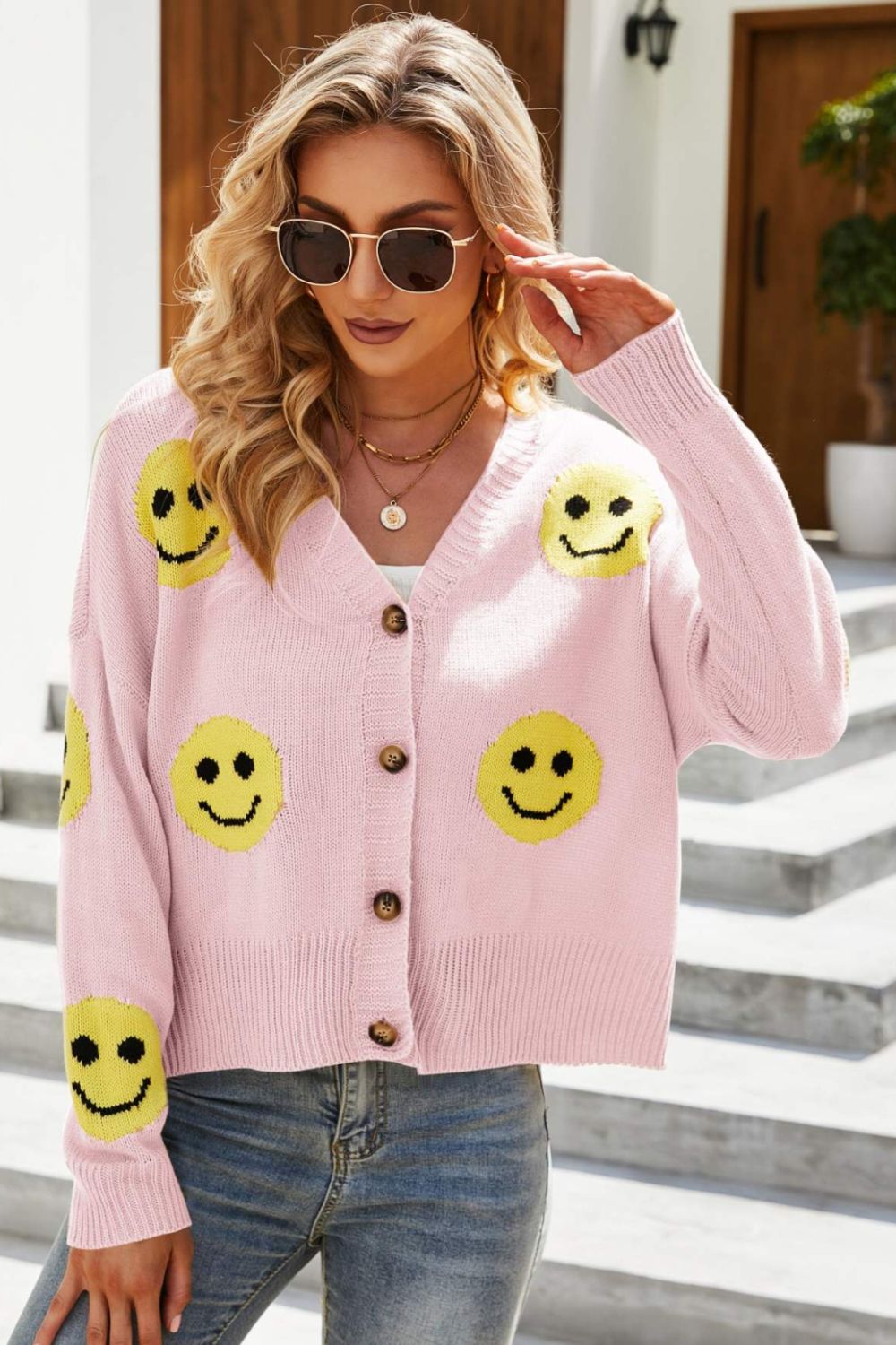 Smiley Face Ribbed Trim V-Neck Cardigan - SHIRLYN.CO