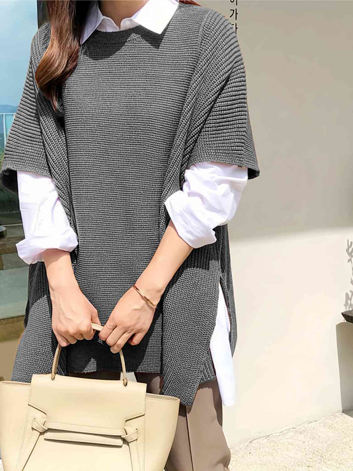 Plus Size Round Neck Slit Short Sleeve Sweater