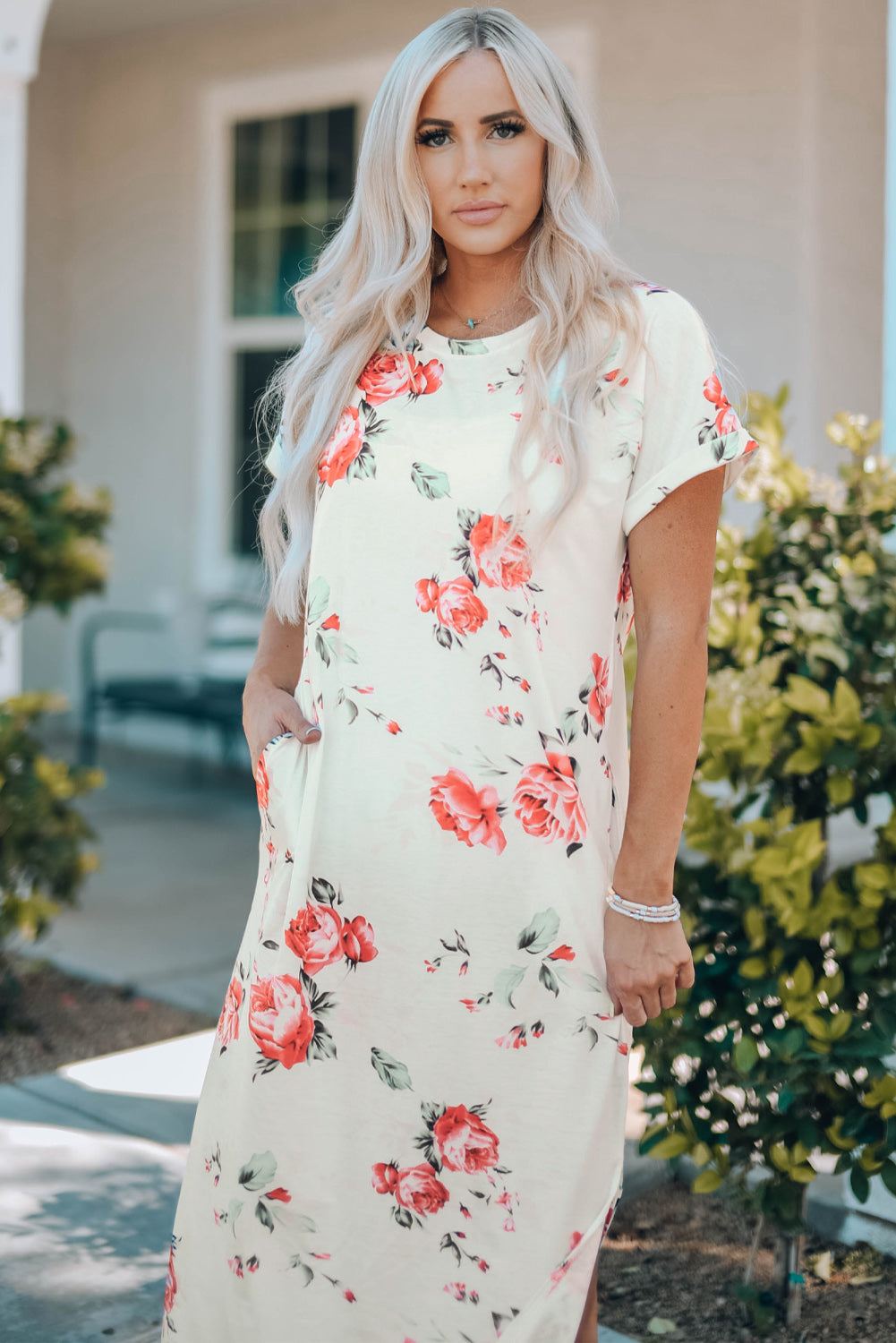 Floral Side Slit Cuffed Sleeve Midi Dress