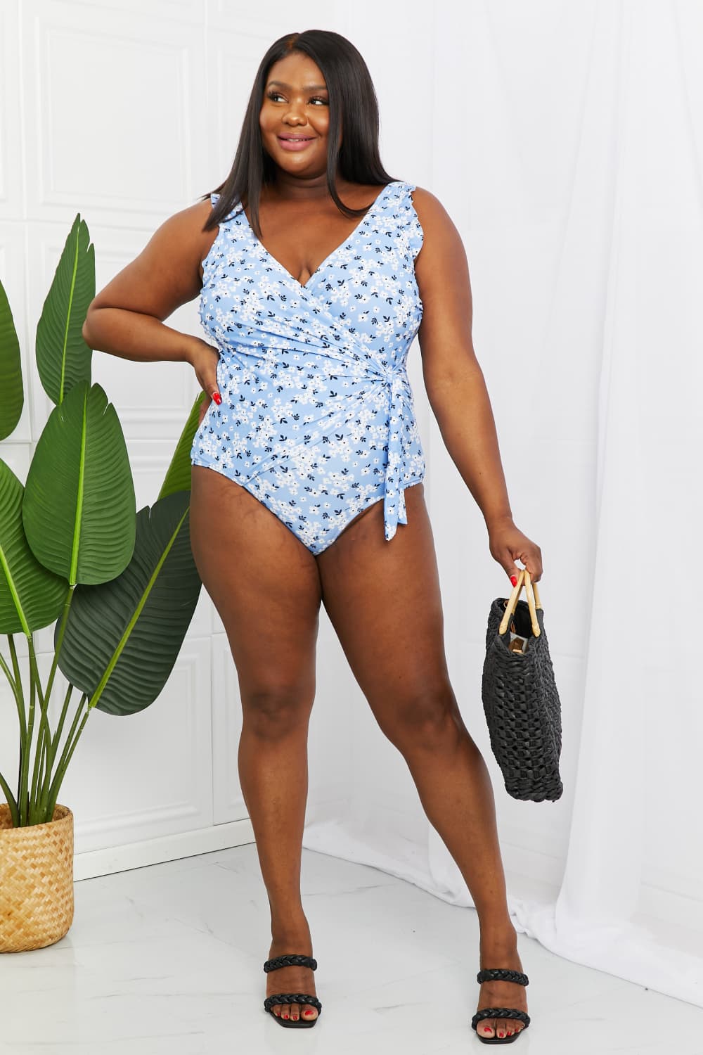 Marina West Swim Full Size Float On Ruffle Faux Wrap One-Piece in Blossom Blue - SHIRLYN.CO