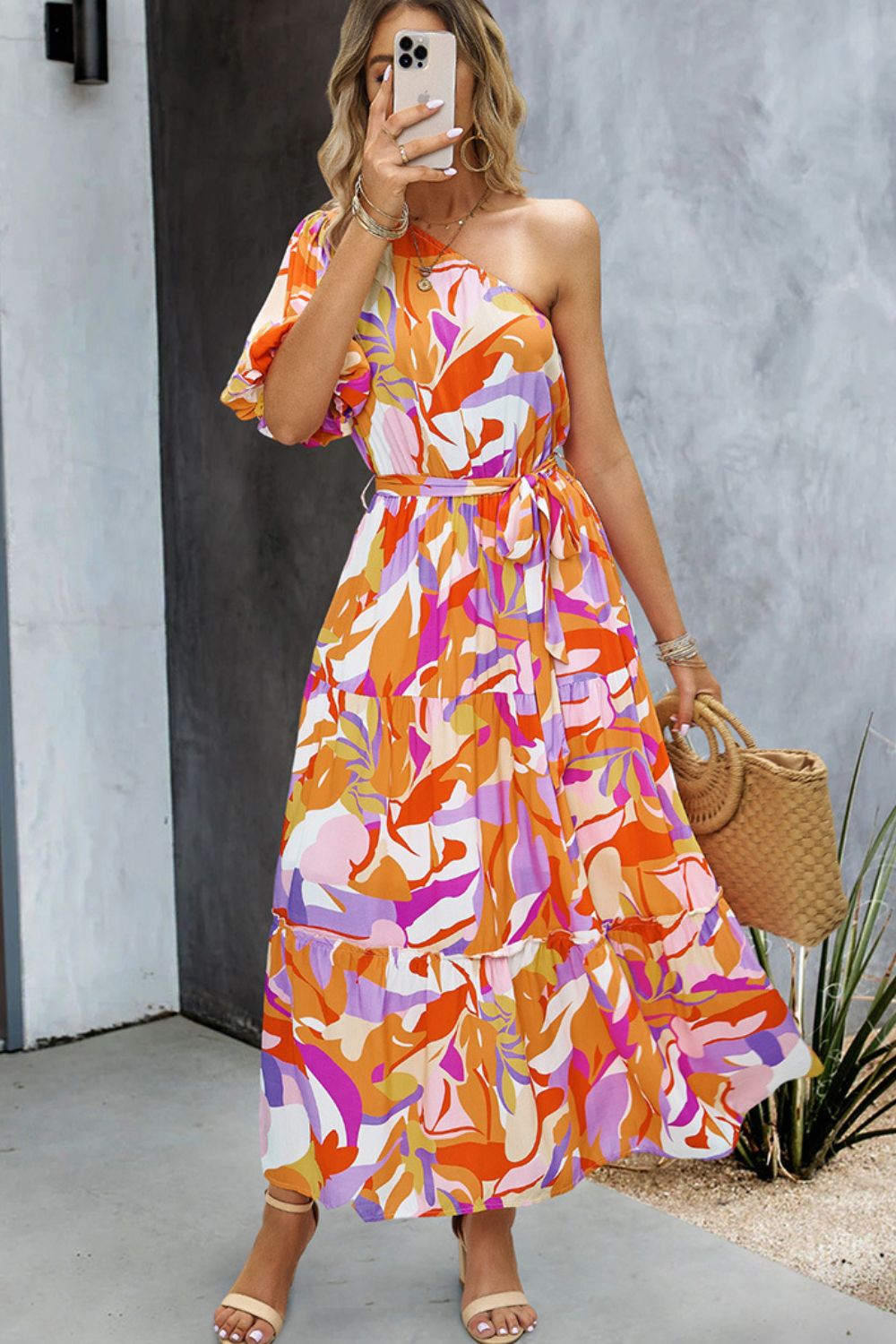 Printed One-Shoulder Tie Belt Maxi Dress - SHIRLYN.CO