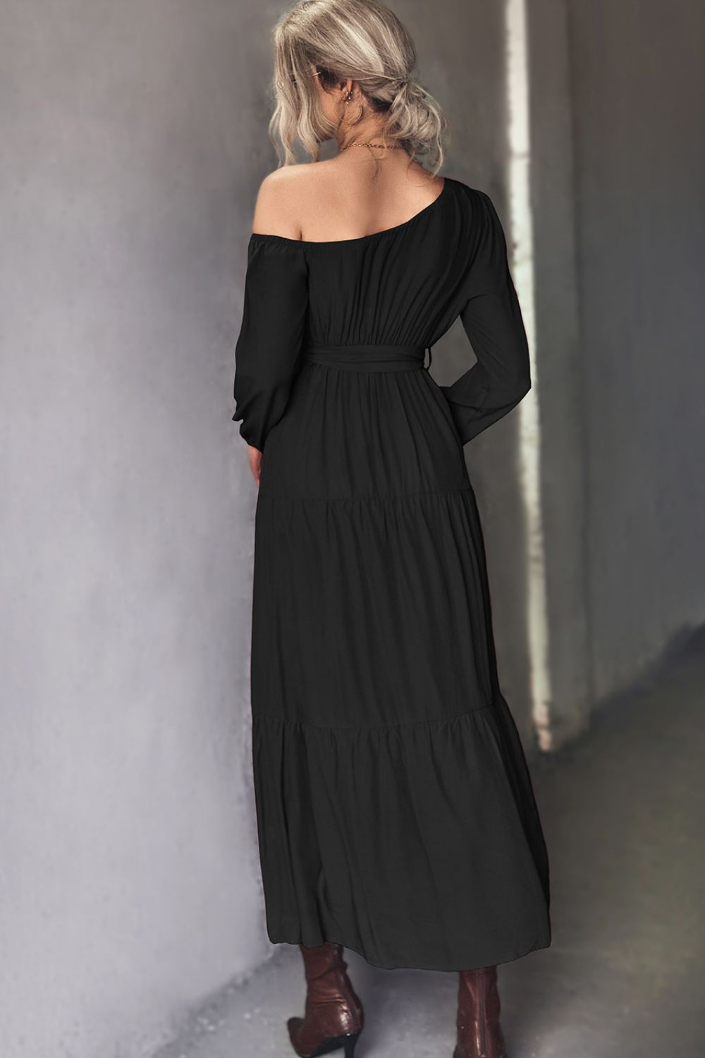 Belted One-Shoulder Tiered Maxi Dress - SHIRLYN.CO