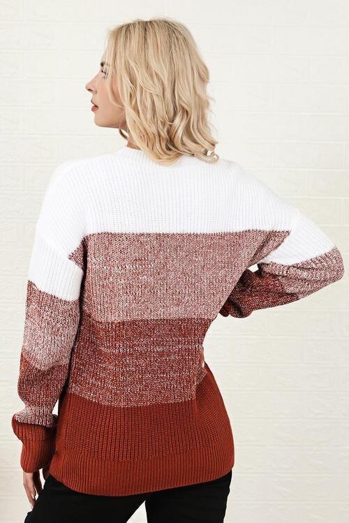 Color Block Round Neck Long Sleeve Sweater